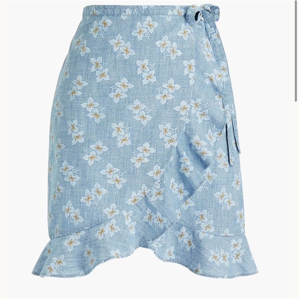 J.Crew Mercantile Blue Floral Chambray Faux-Wrap Ruffle Mini Skirt Womens Medium